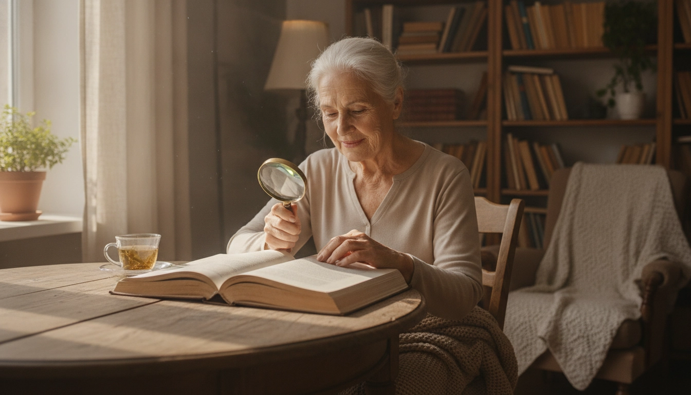 Personne malvoyante utilisant des aides visuelles grossissantes optiques pour lire un livre près d'une fenêtre lumineuse