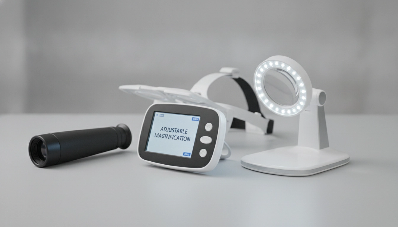 Collection d'aides visuelles grossissantes pour malvoyants : loupe électronique, loupe posée éclairante et loupe télescopique