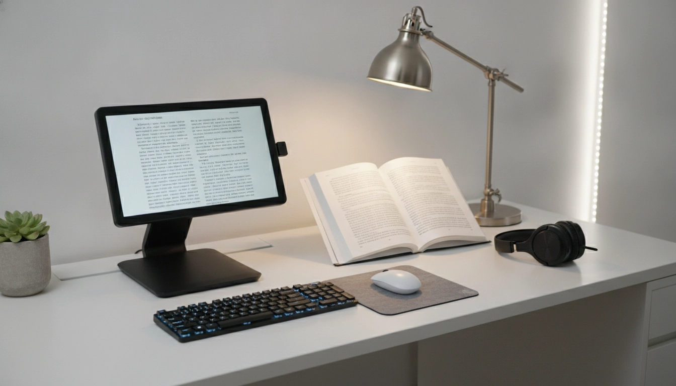 Espace de travail ergonomique équipé pour une personne malvoyante afin de faciliter la lecture et l'écriture.