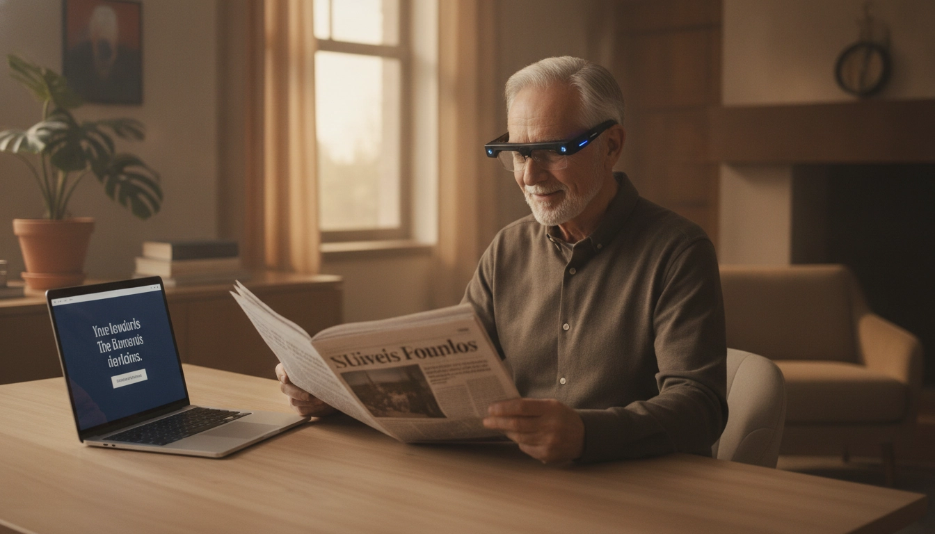 Senior malvoyant portant des lunettes connectées, technologies d'assistance pour la vision innovantes