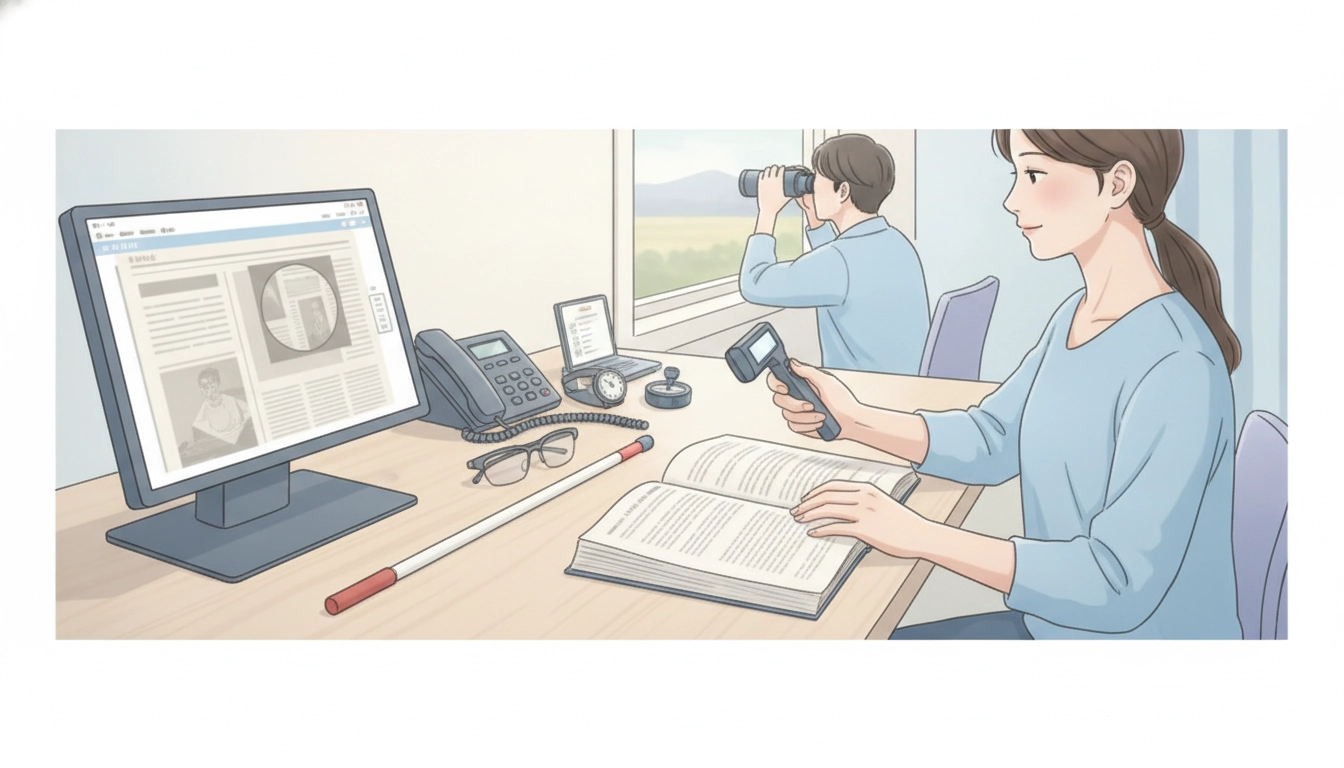 Personne malvoyante utilisant une loupe électronique, aides visuelles malvoyance modernes sur un bureau lumineux