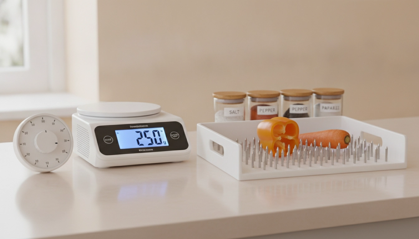 Équipements adaptés pour cuisiner avec une déficience visuelle : balance parlante, planche à picots et minuterie tactile