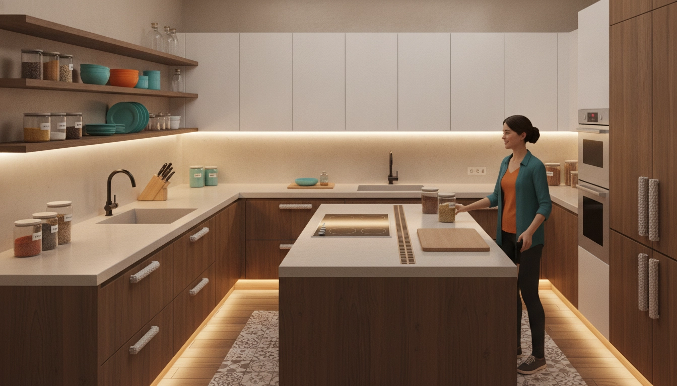 Cuisine adaptée pour malvoyant avec contrastes de couleurs, étiquettes en relief et éclairage LED puissant