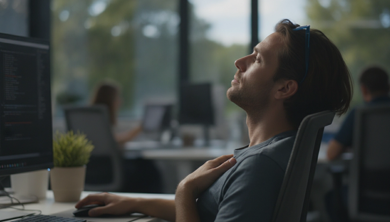 Une personne faisant une pause visuelle pour prévenir la fatigue oculaire
