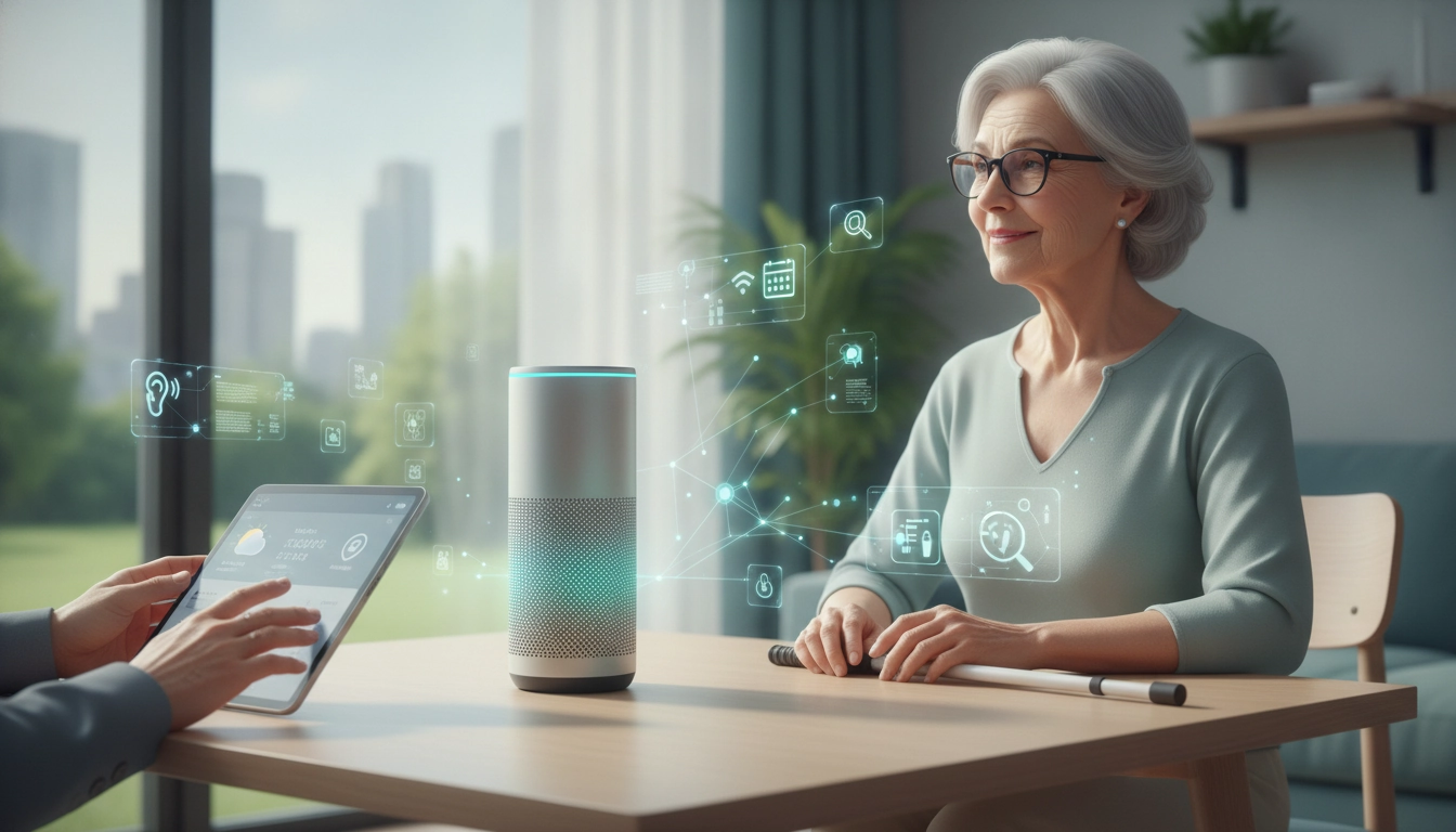 Une personne utilisant un assistant vocal connecté pour améliorer son autonomie en tant que personne malvoyante à domicile.