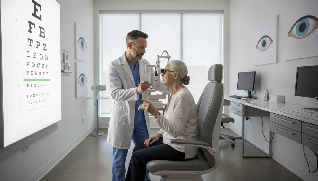 Un médecin effectuant un test pour identifier les causes malvoyance chez la personne âgée