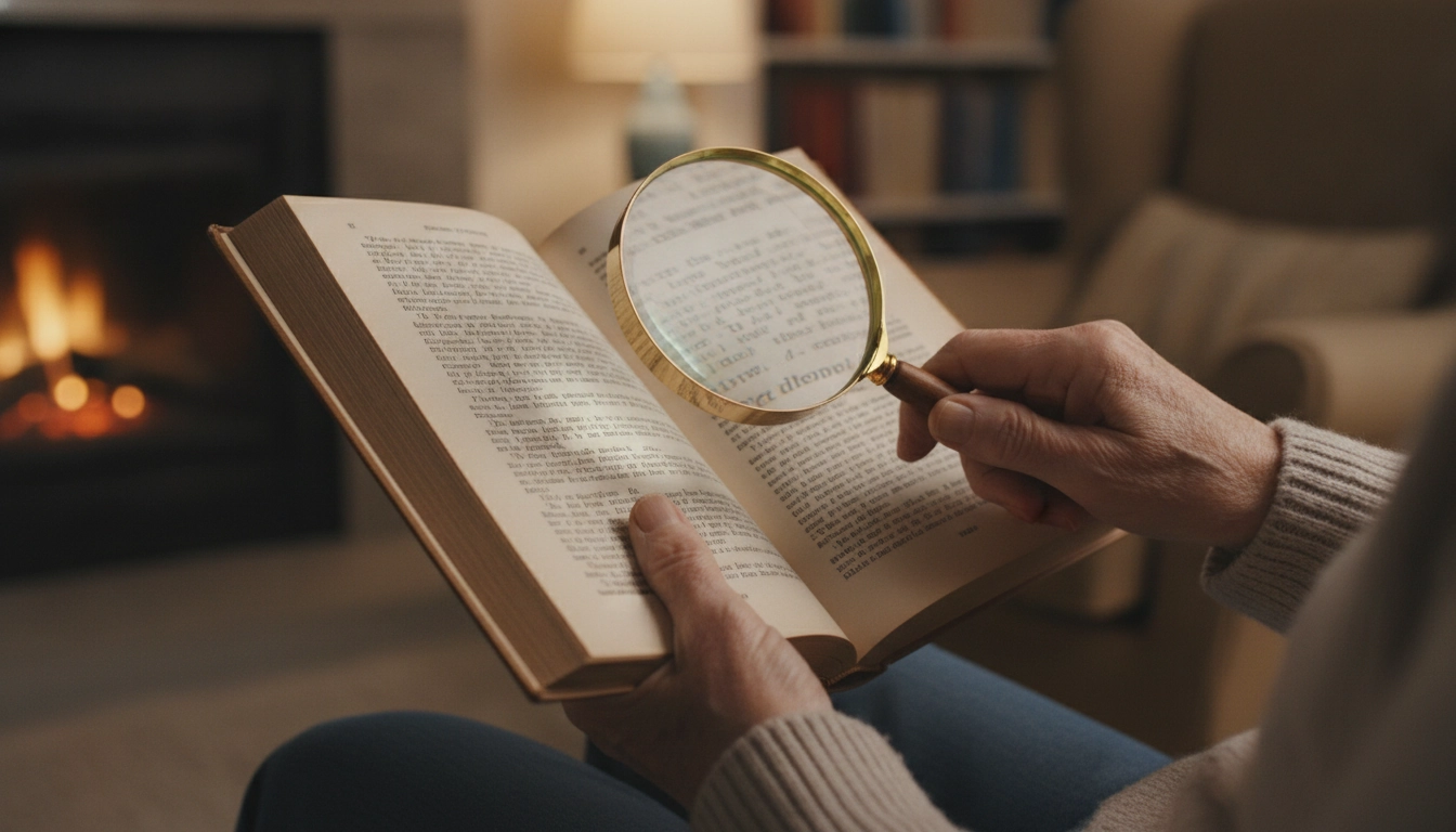 Une personne âgée utilisant une loupe pour lire, illustrant l'adaptation aux causes malvoyance chez la personne âgée