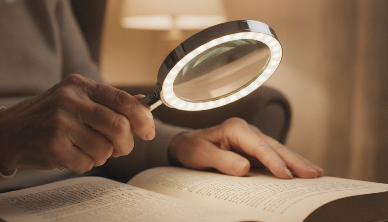 Personne âgée utilisant une loupe éclairée LED pour lire confortablement malgré la malvoyance