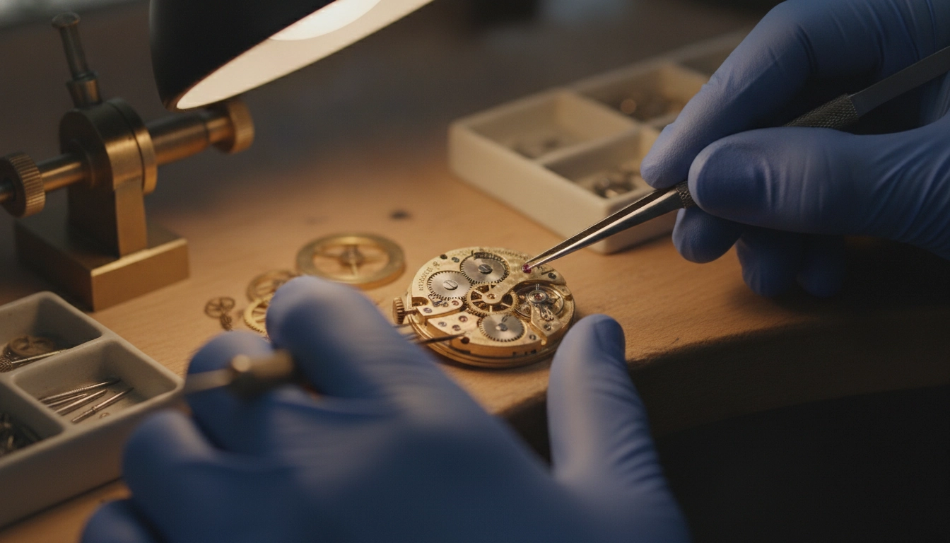 Un horloger expert en train de choisir loupe pour travaux minutieux horlogerie sur un mécanisme de montre ancienne.