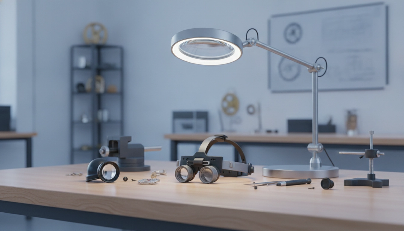 Un horloger professionnel en train de choisir loupe pour travaux minutieux horlogerie sur son établi.