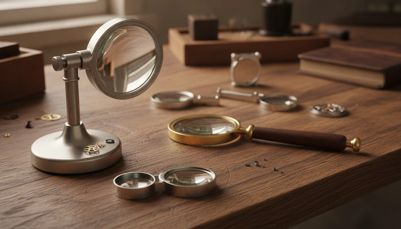 Différentes loupes de précision sur un établi pour aider à choisir sa loupe selon ses besoins