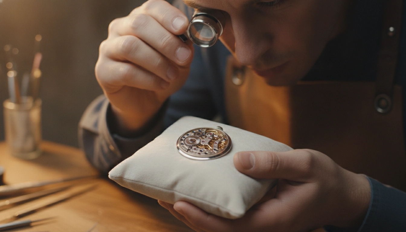 Horloger utilisant une loupe de bijoutier pour examiner un mouvement de montre de précision