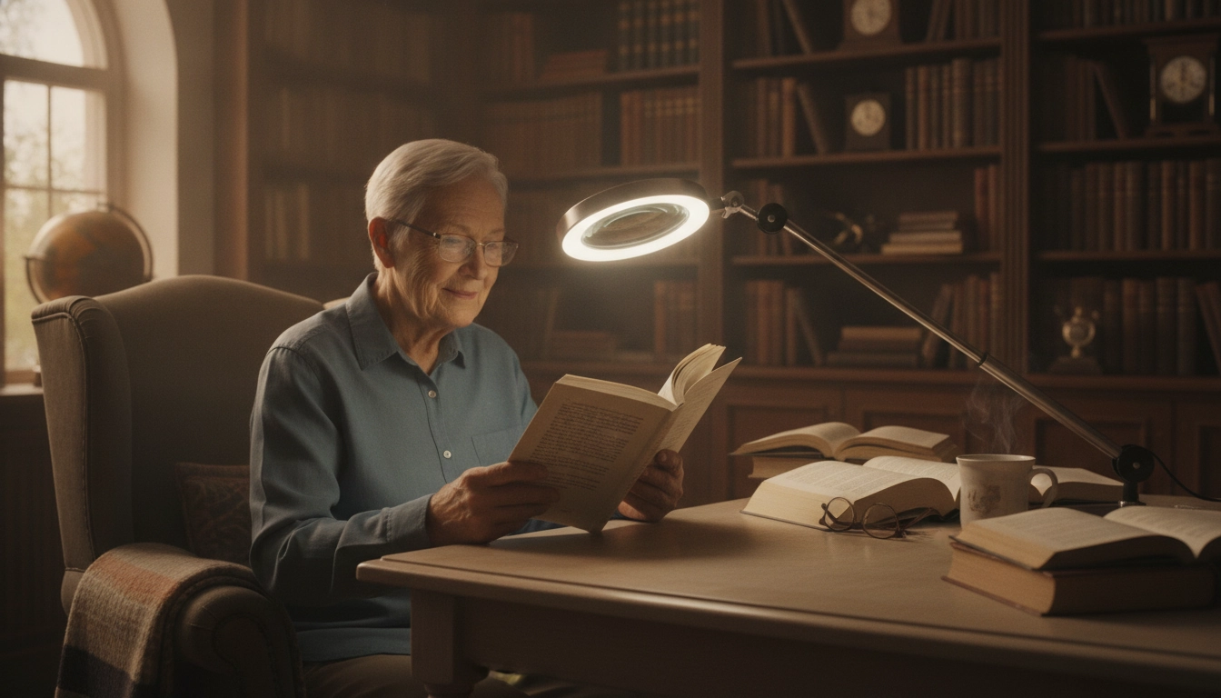 Personne âgée utilisant une loupe de lecture éclairée LED pour lire un livre confortablement