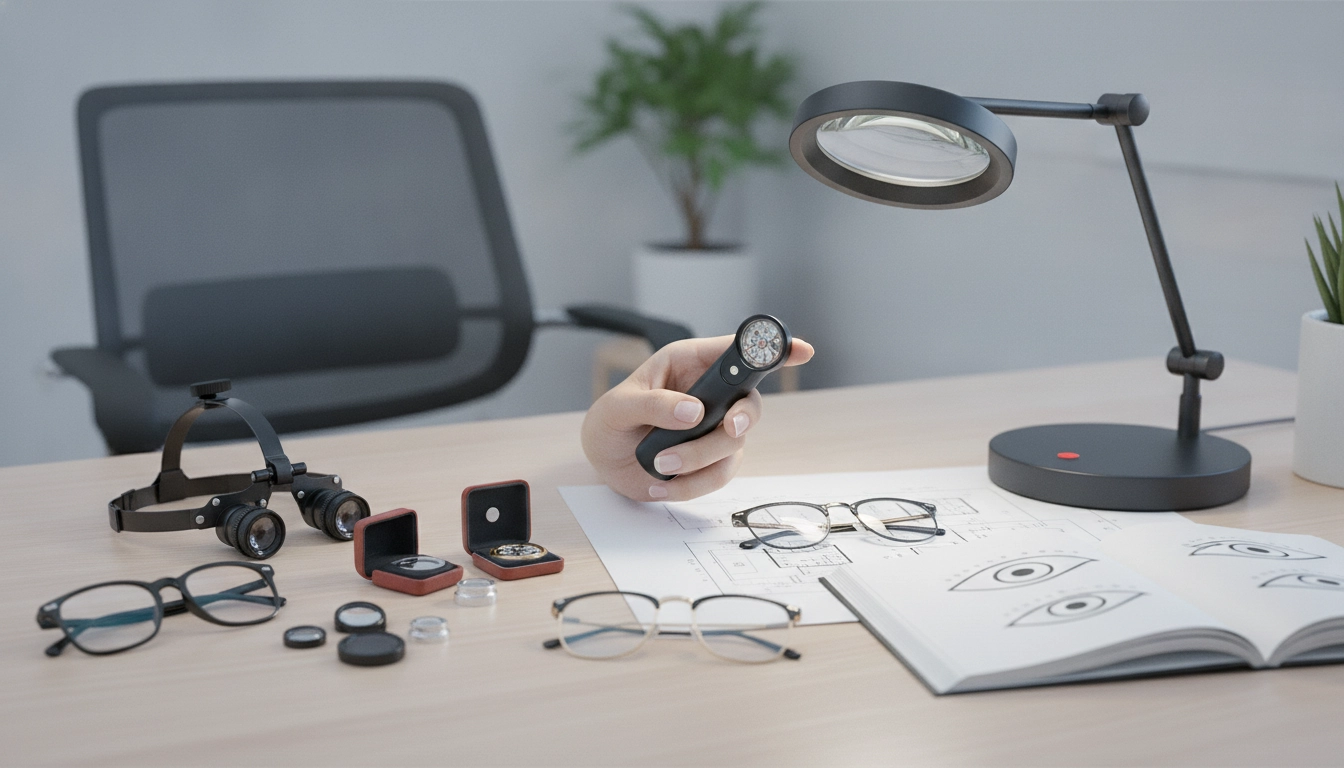 Différentes loupes de précision disposées sur un établi pour choisir sa loupe selon l'usage