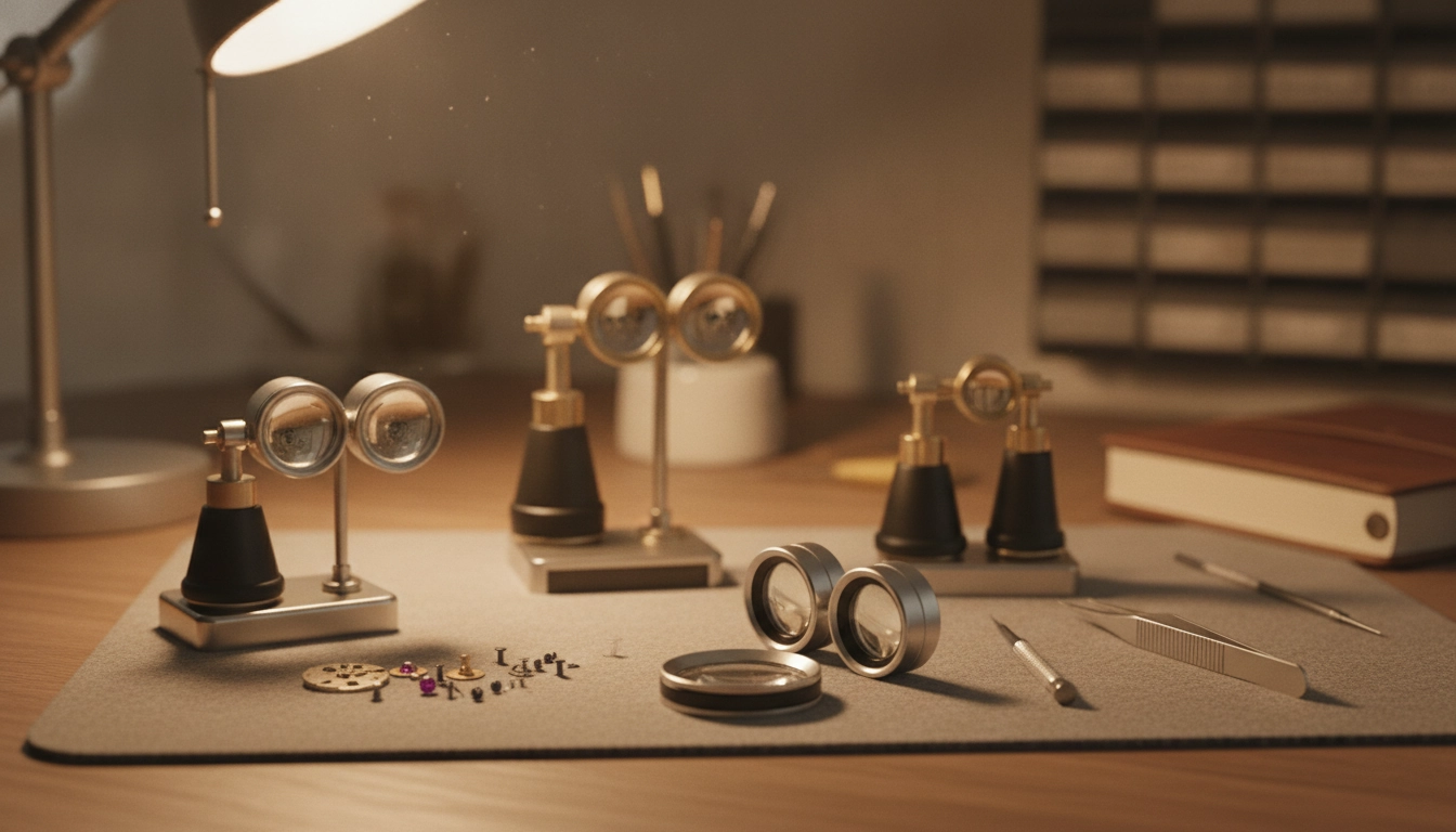 Collection de loupes de précision pour horlogerie et bijouterie illustrant les différents niveaux de grossissement optique