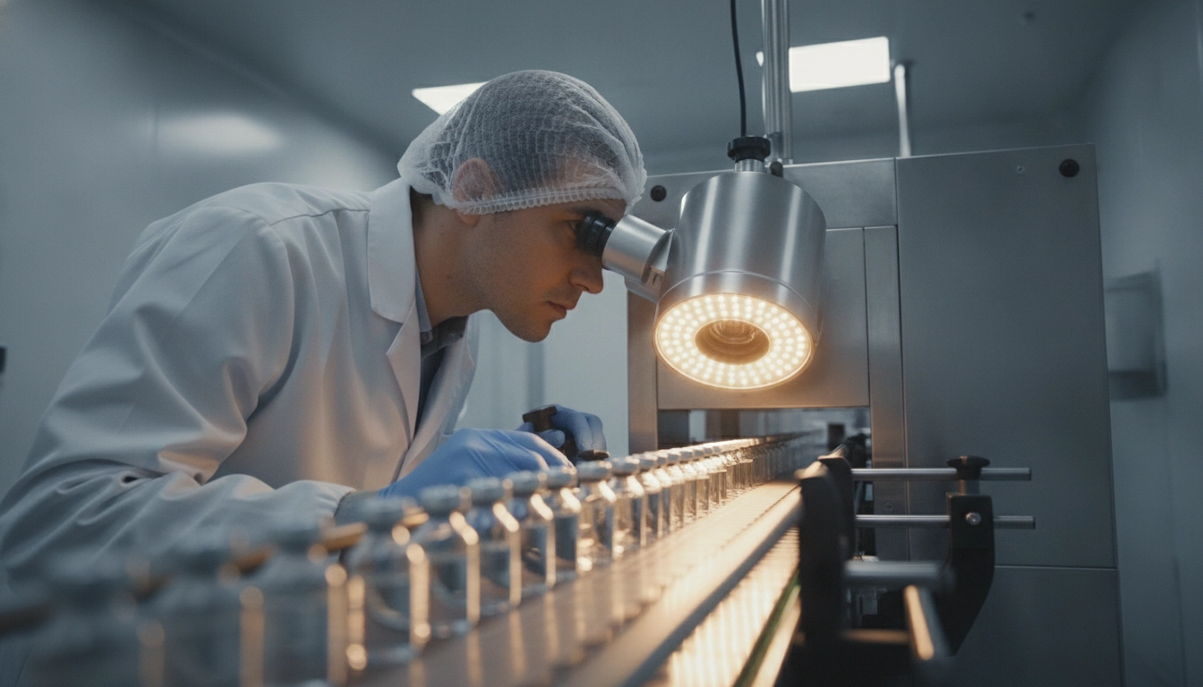 Technicien effectuant un contrôle qualité optique sur des flacons pharmaceutiques en salle blanche avec un système d'inspection automatisé