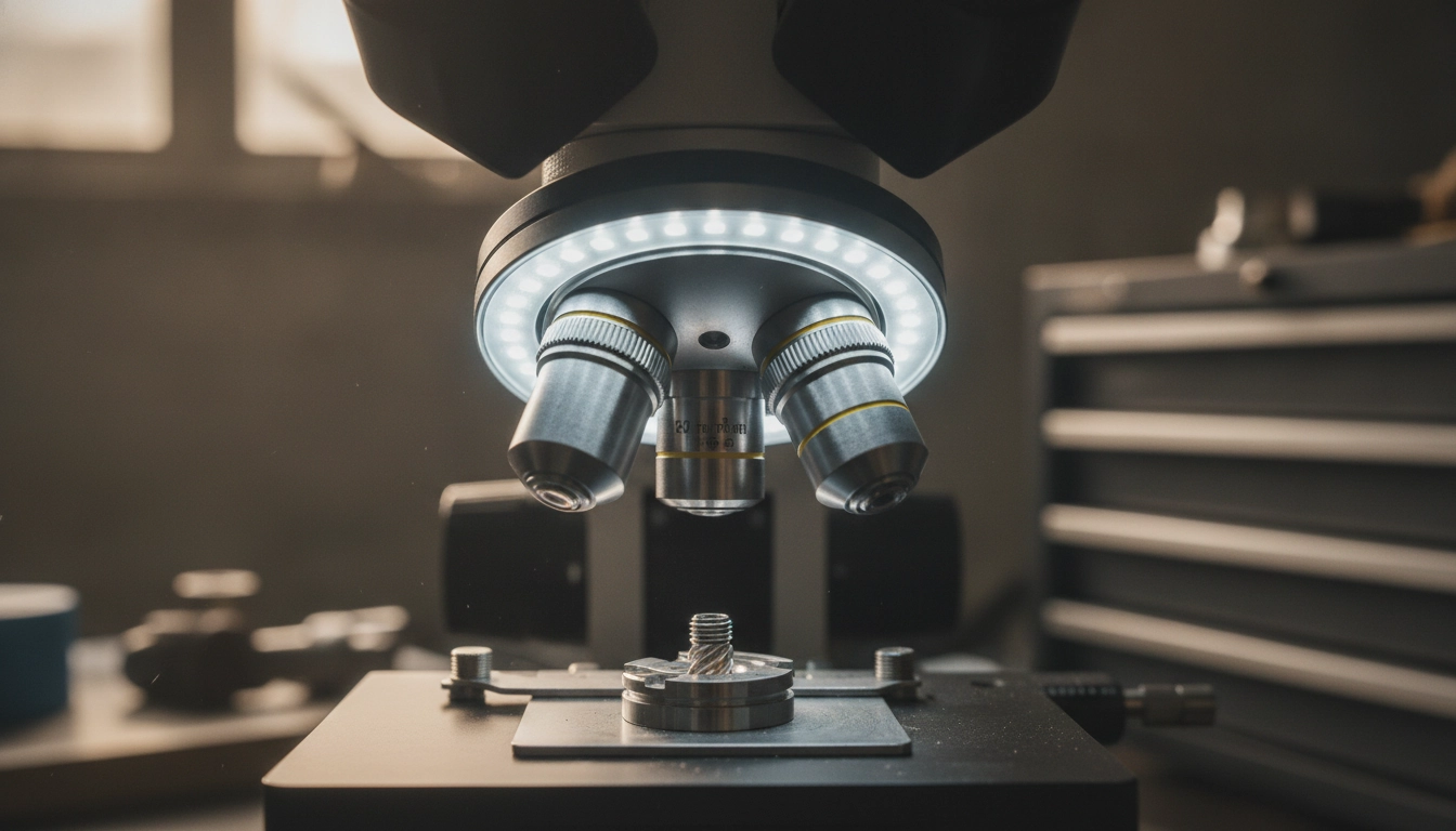 Microscope stéréoscopique avec éclairage annulaire LED utilisé pour le contrôle qualité optique de pièces métalliques usinées