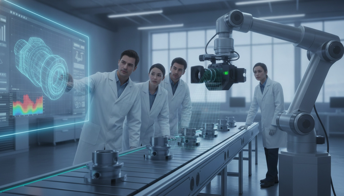 Technicien réalisant un contrôle qualité optique avec une loupe binoculaire sur une pièce industrielle de précision