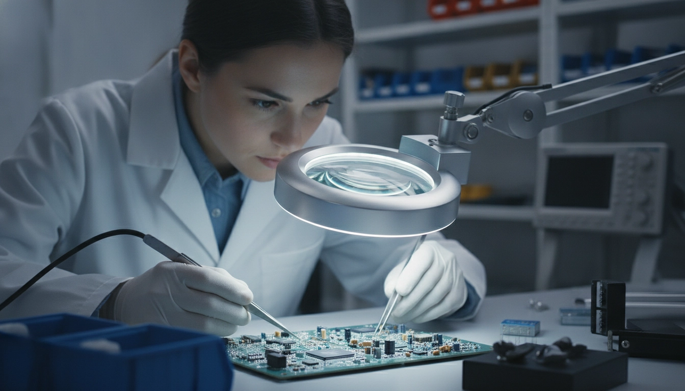 Ingénieur utilisant une loupe de précision avec éclairage LED pour inspecter un circuit imprimé.