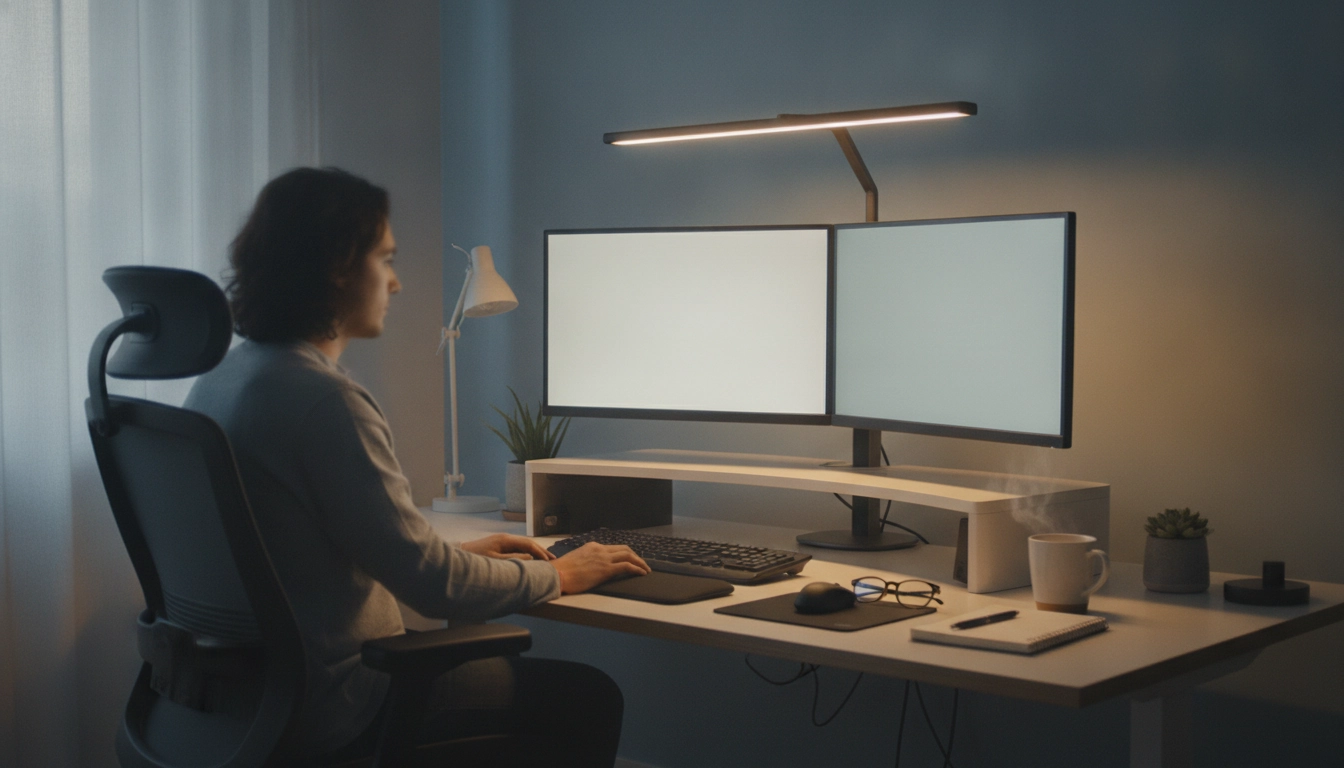 Un bureau ergonomique avec un éclairage bureau fatigue oculaire prévention bien configuré