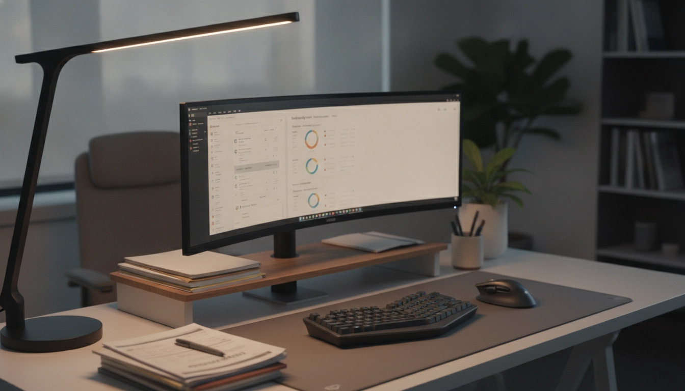 Bureau ergonomique équipé d'une lampe LED bien positionnée pour un éclairage optimal et la prévention de la fatigue oculaire