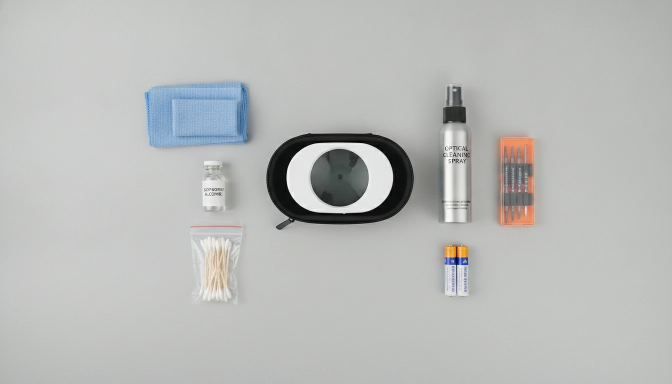 Kit complet d'entretien loupe LED : chiffon microfibre, alcool isopropylique, cotons-tiges et tournevis