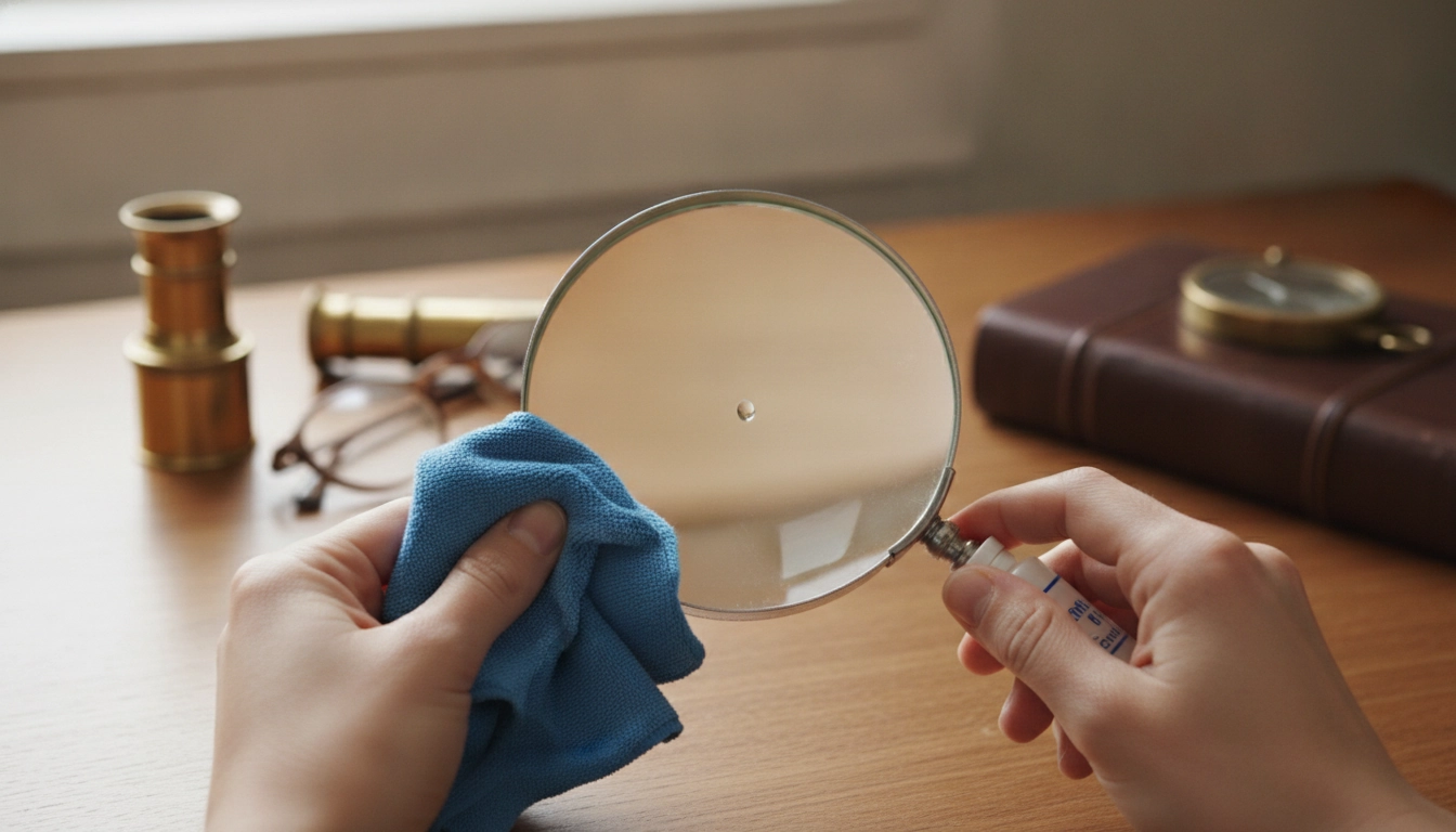 Entretien loupes optiques : nettoyage minutieux d'une lentille avec un chiffon microfibre et une solution optique