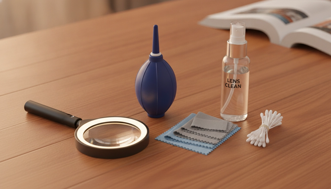 Kit complet pour l'entretien des loupes optiques : soufflette, microfibre, solution nettoyante et cotons-tiges