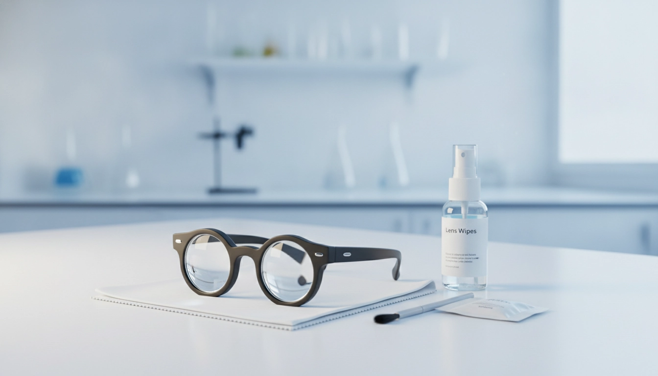 Entretien loupes optiques avec produits de nettoyage et chiffon microfibre sur table de travail