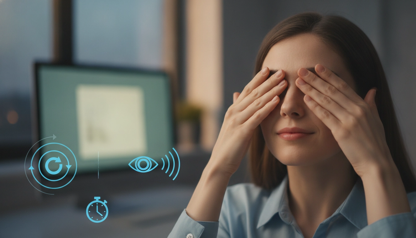 Femme effectuant des exercices pour reposer les yeux écran au bureau