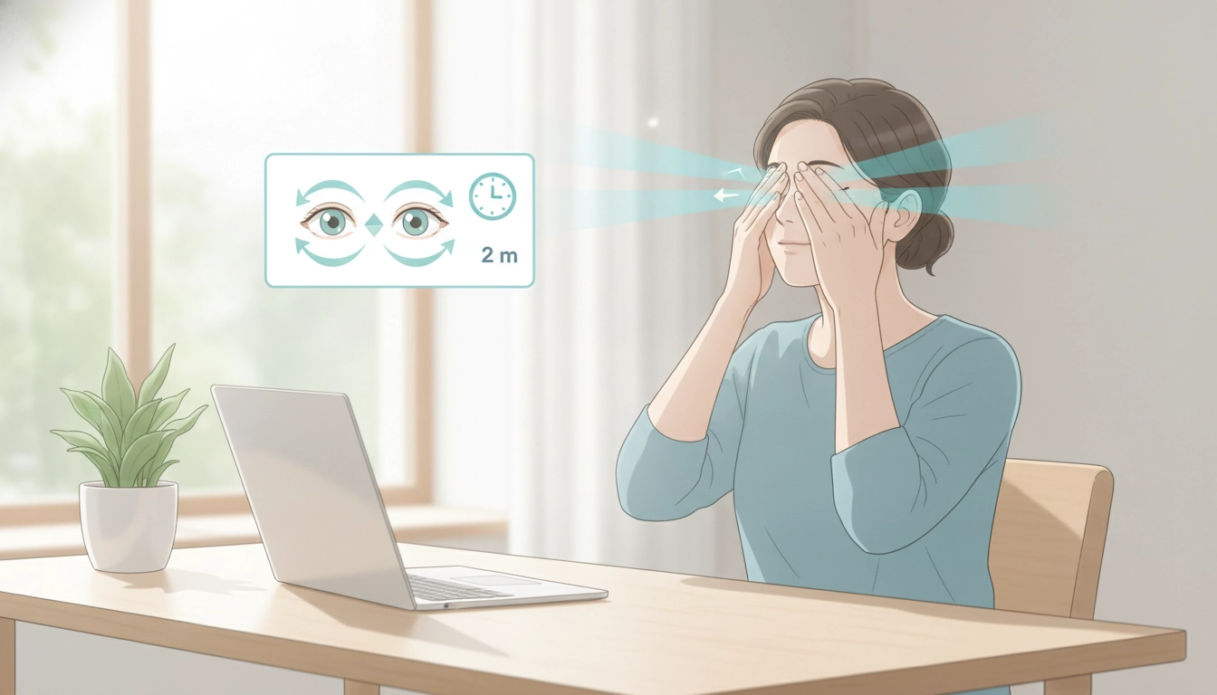 Illustration d'une personne effectuant les exercices pour soulager la fatigue oculaire rapidement avec un écran de travail