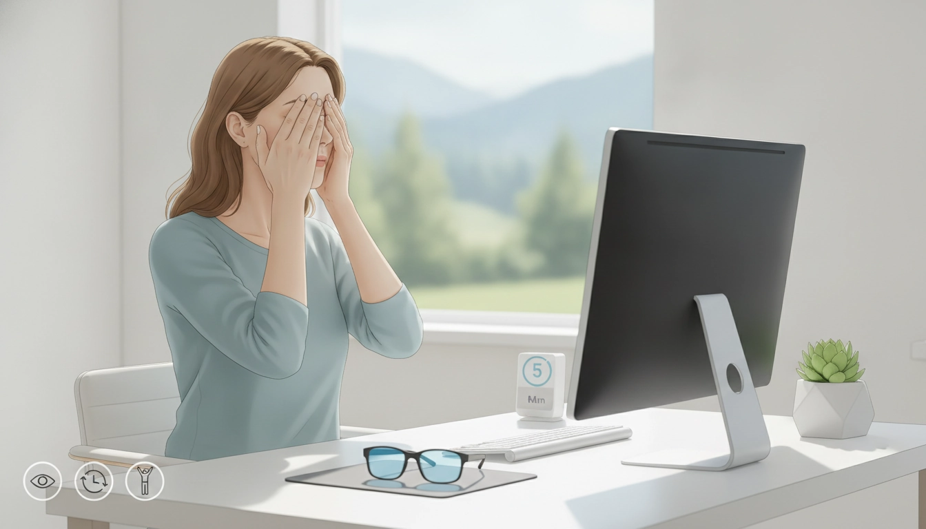 Personne pratiquant des exercices yeux pour réduire la fatigue visuelle au travail devant un écran d'ordinateur