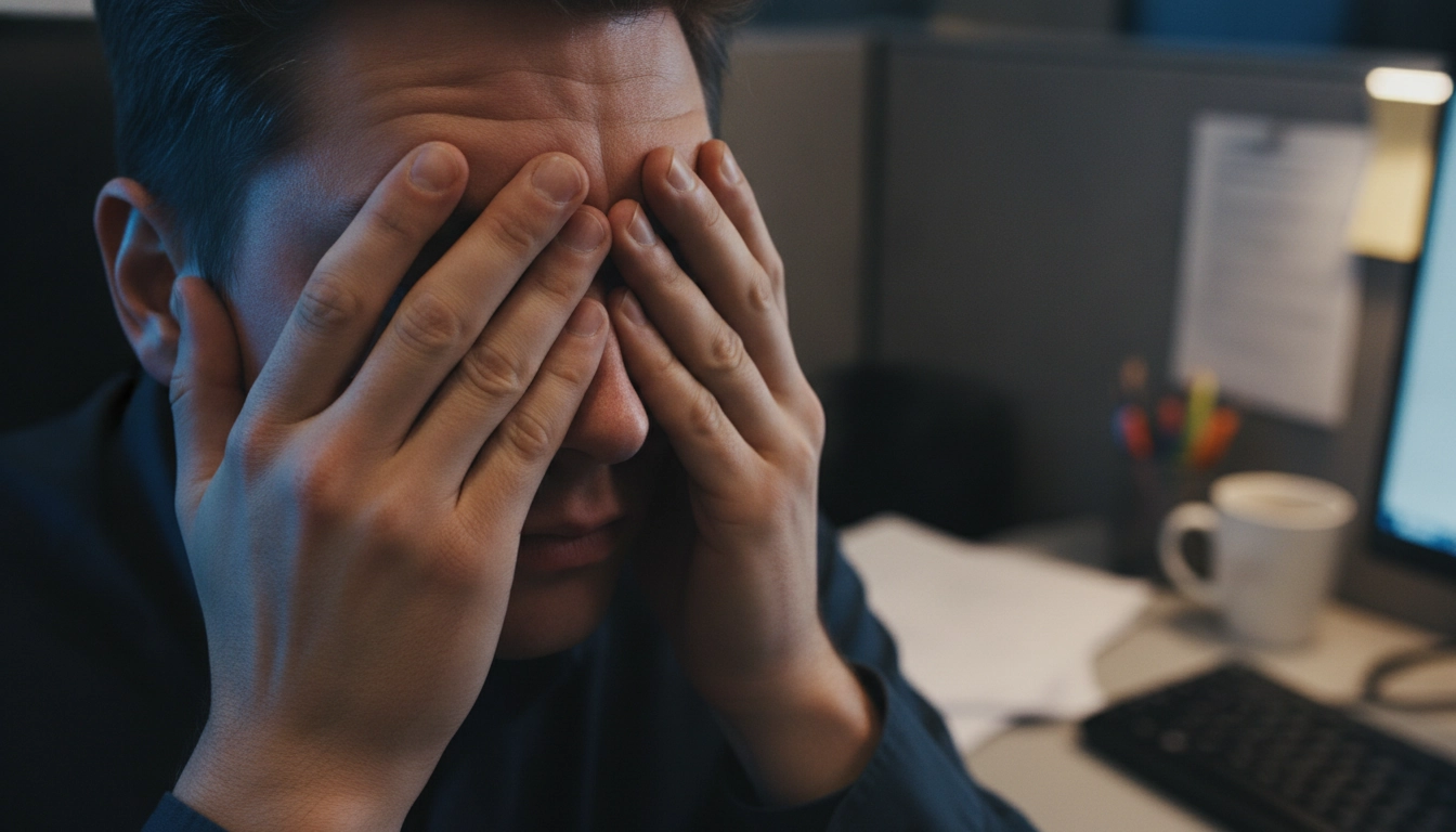 Une personne souffrant de fatigue oculaire chronique symptômes causes et solutions durables au bureau.