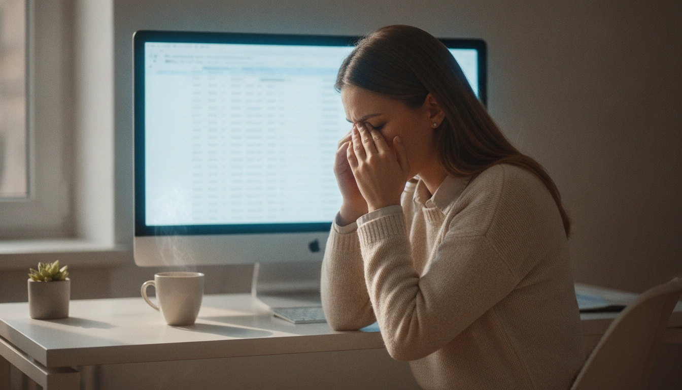Jeune femme qui souffre de fatigue oculaire en se frottant les yeux devant son ordinateur au bureau
