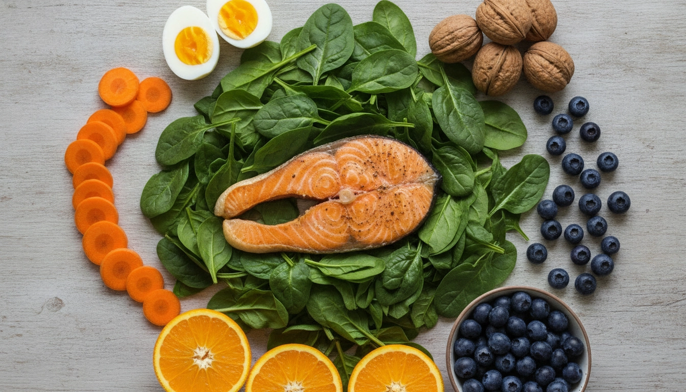 Aliments riches en nutriments essentiels pour combattre la fatigue oculaire : épinards, carottes, saumon et noix