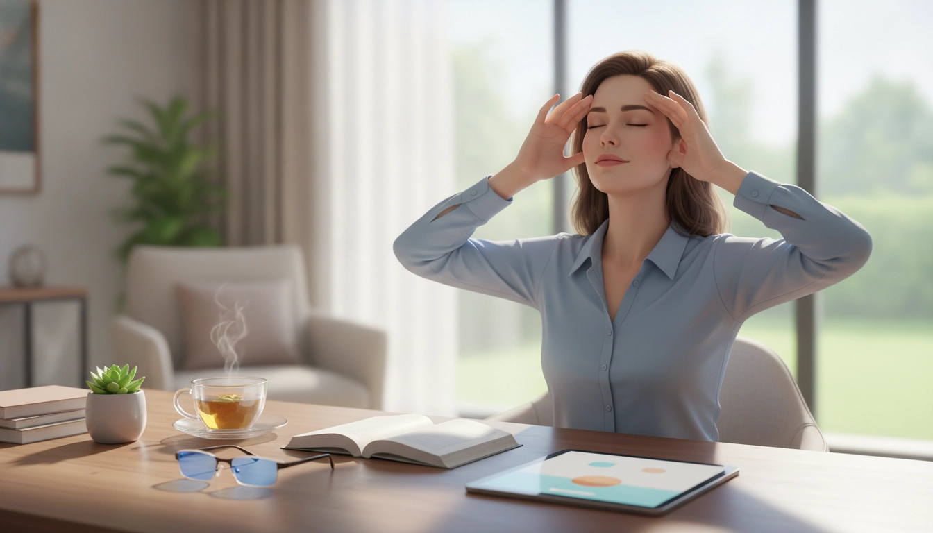 Femme en train de soulager sa fatigue oculaire en appliquant une compresse chaude sur les yeux devant un écran d'ordinateur