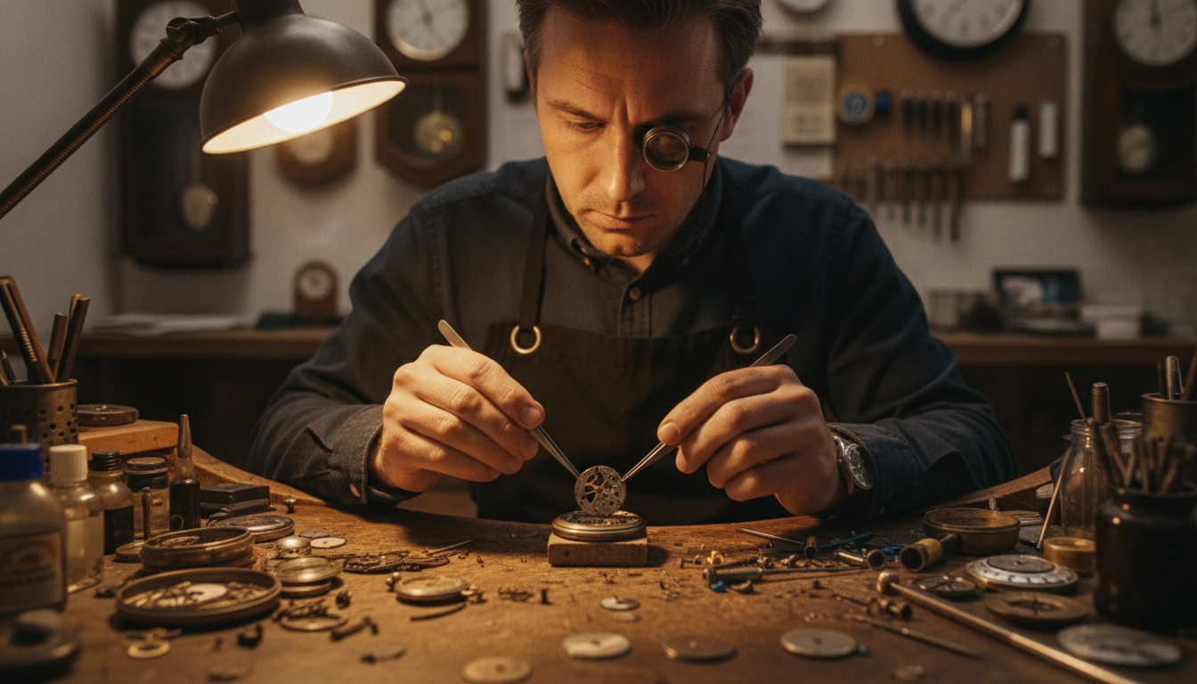 Horloger utilisant une loupe monocle pour examiner un mouvement de montre de précision