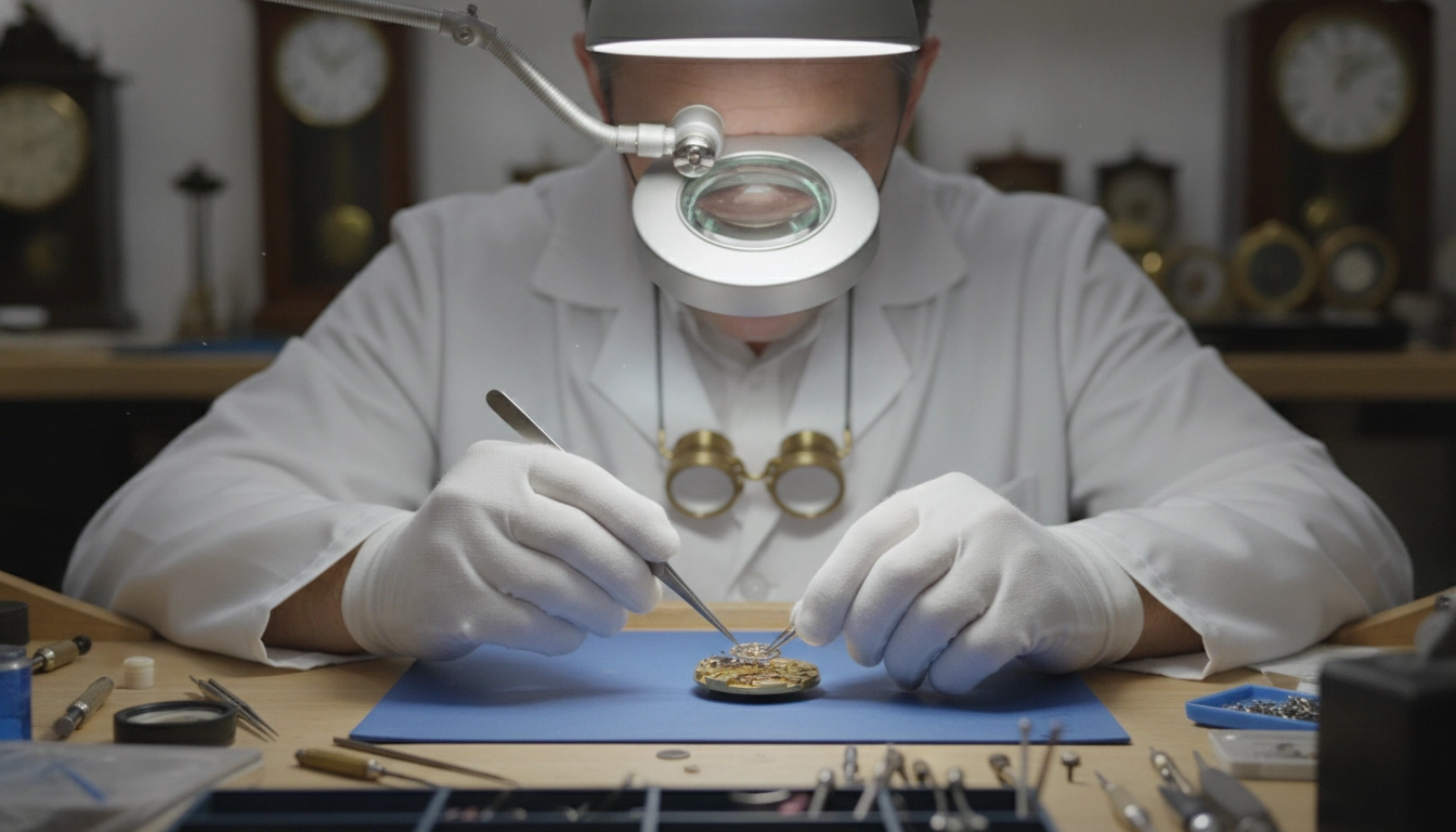 Horloger professionnel utilisant une loupe d'horlogerie avec support articulé pour inspecter un mouvement de montre, illustrant le grossissement loupe horloger recommandé pour les travaux de précision