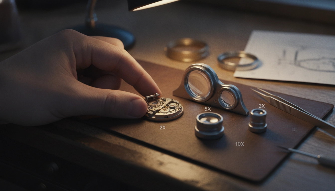 Horloger utilisant une loupe d'horlogerie avec le bon grossissement loupe horloger recommandé pour des travaux de précision sur une montre
