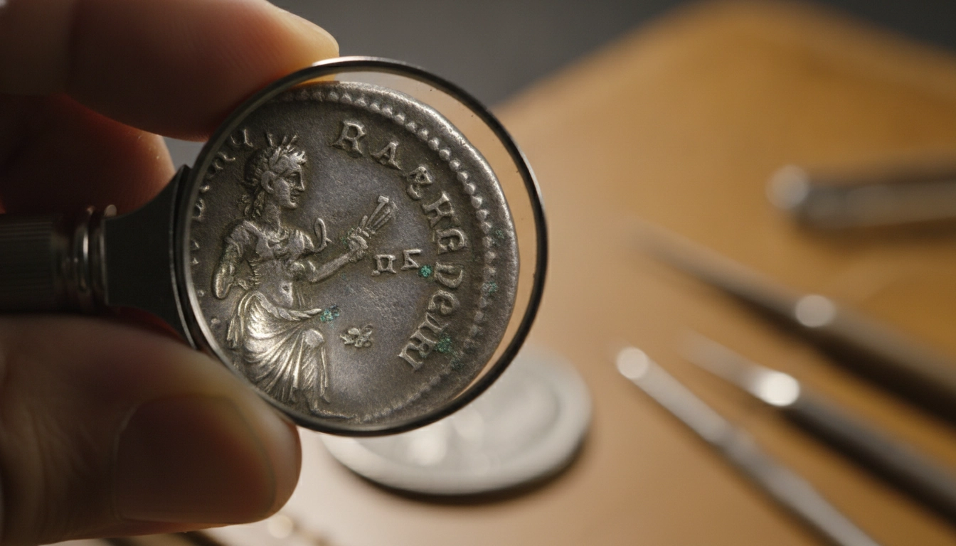 Un collectionneur évitant un grossissement loupe insuffisant pour numismatique en utilisant une loupe professionnelle