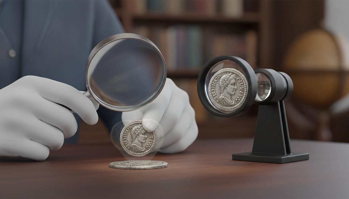 Expert observant une pièce de monnaie avec une loupe de haute précision pour éviter un grossissement loupe insuffisant pour numismatique