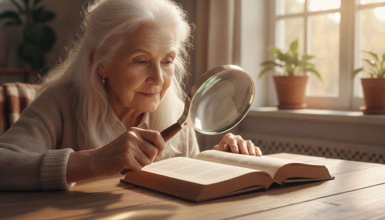 Femme âgée utilisant la meilleure loupe grossissante pour DMLA pour lire un livre avec confort à la lumière naturelle
