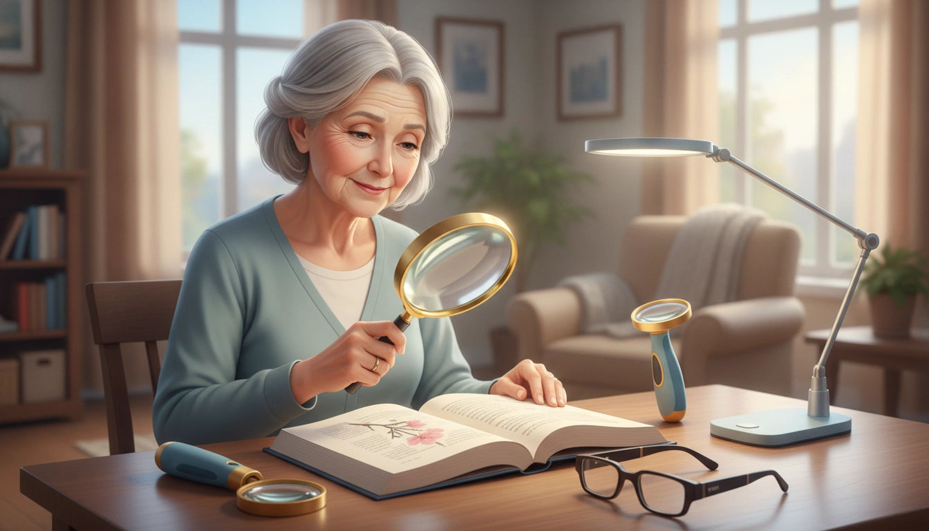 Personne âgée utilisant la meilleure loupe grossissante pour DMLA pour lire un livre à la lumière naturelle