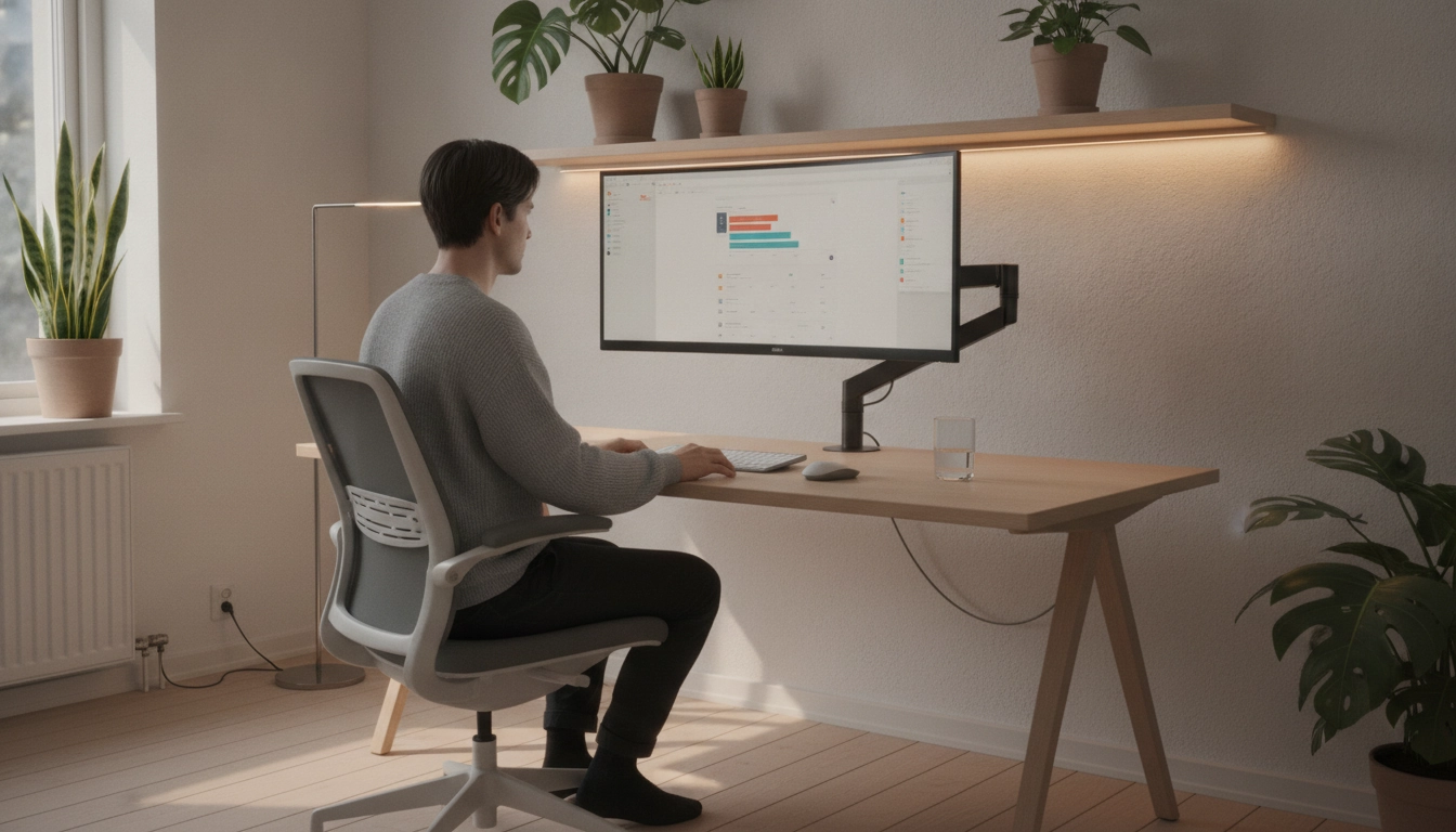 Poste de travail ergonomique illustrant les bonnes habitudes vue au bureau avec éclairage adapté