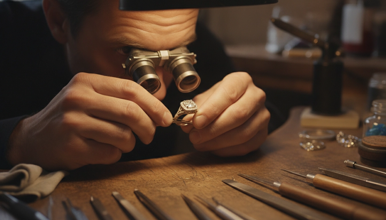 Bijoutier utilisant une loupe binoculaire de précision pour l'inspection d'une pièce de joaillerie