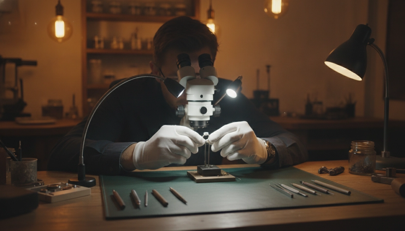 Instruments optiques métiers d'art : joaillier utilisant un microscope stéréoscopique pour l'inspection d'une bague en diamant