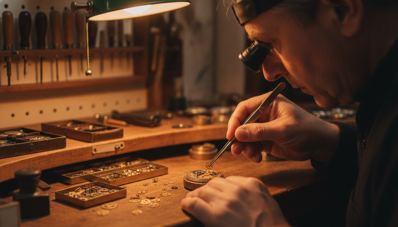 Horloger utilisant une loupe binoculaire frontale pour assembler un mouvement de montre de précision