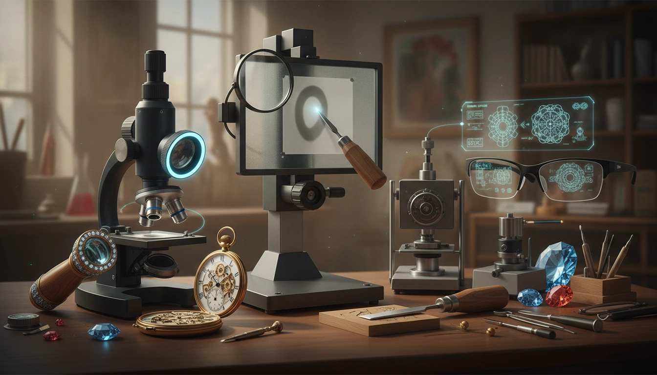 Instruments optiques métiers d'art : microscope stéréoscopique dans un atelier de joaillerie de précision
