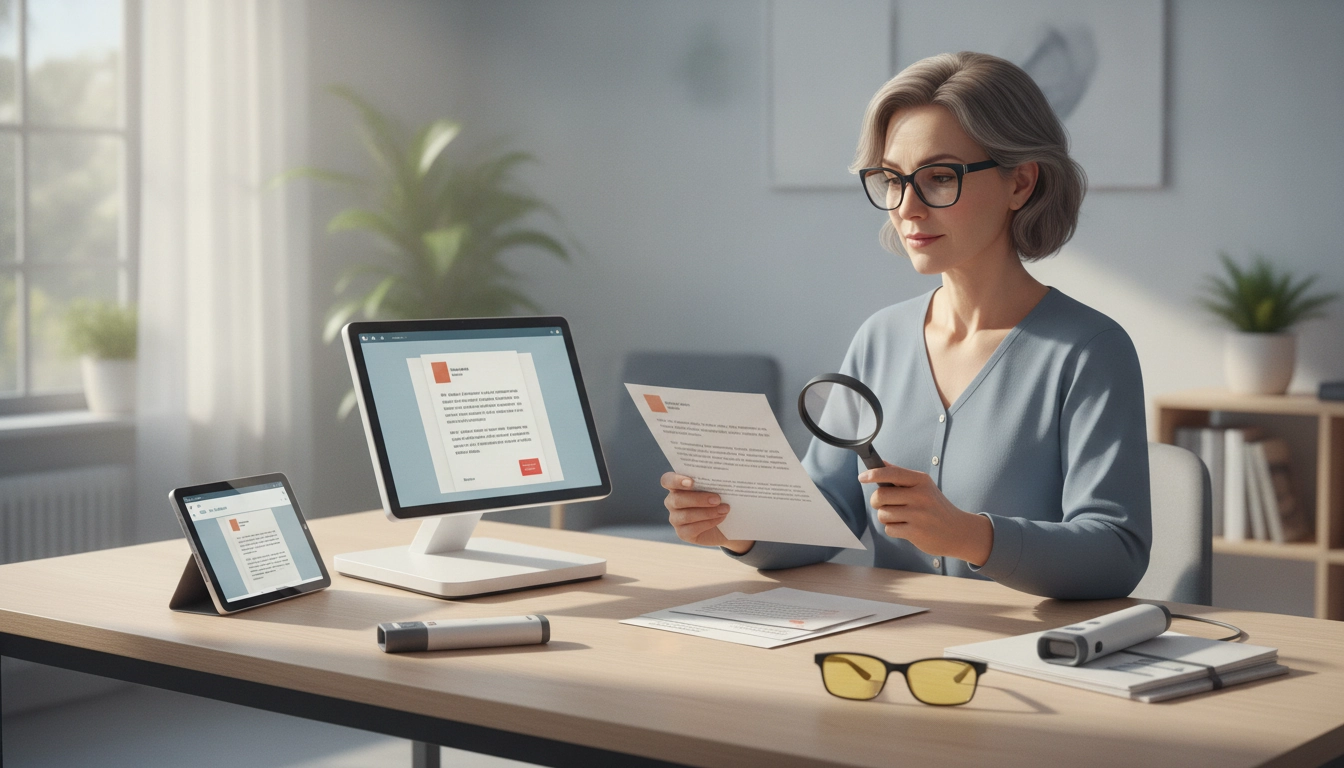 Une personne utilisant une loupe électronique pour lire son courrier postal avec une basse vision sur un bureau bien éclairé.