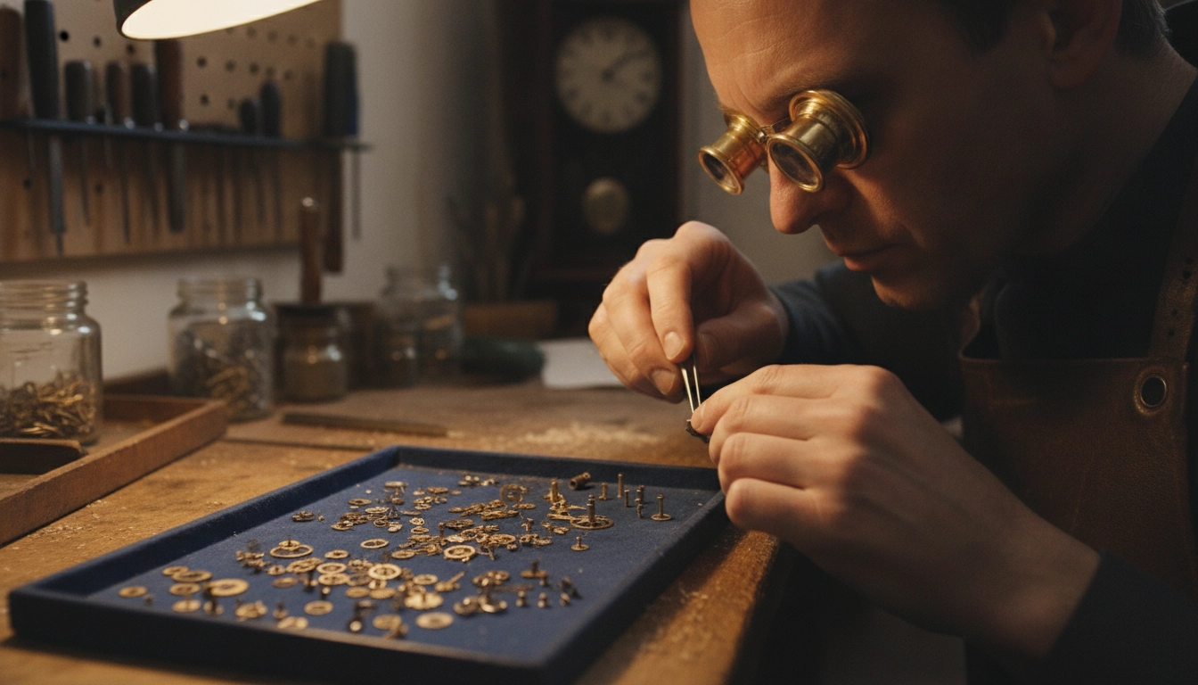 Horloger utilisant une loupe artisanat de précision pour assembler un mécanisme de montre